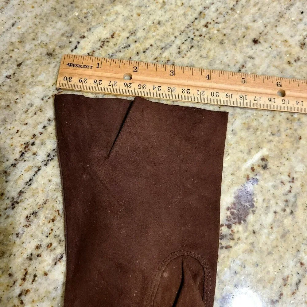 Vtg Gloves Brown Suede Mid Length Embroidered 6 3/4 HA&E Smith France Chevreau